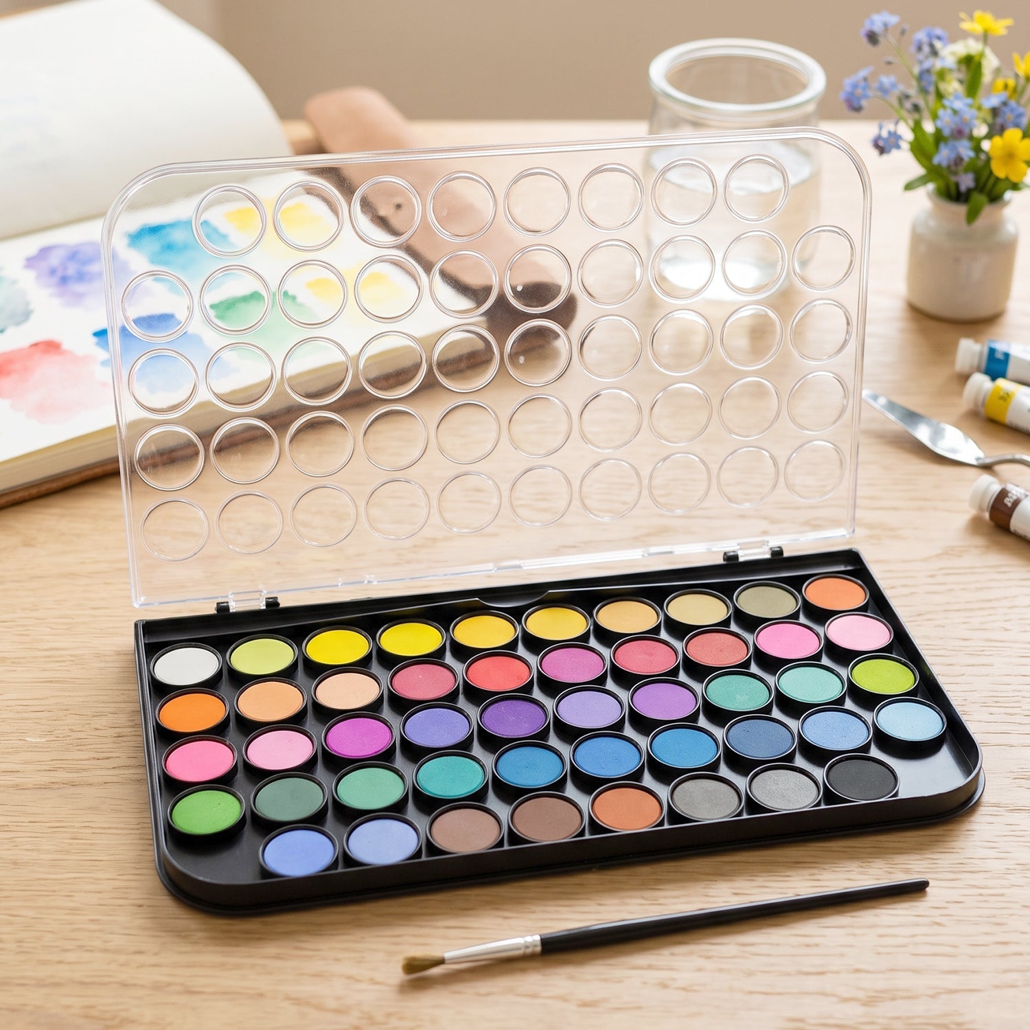 48 Color Solid Watercolor Palette Set With Brush For Art Painting (1 Set)