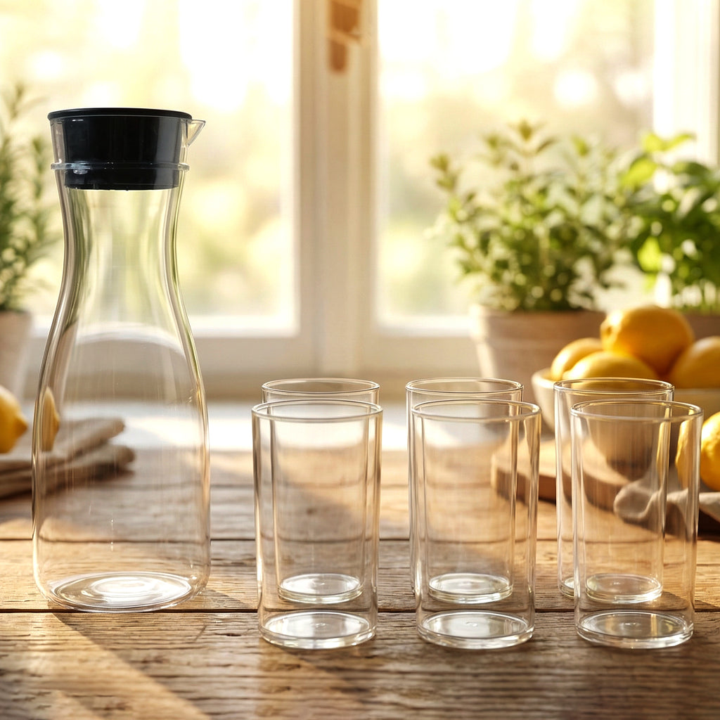 Prexo Plastic Water Jug And Drinking Glass Set (1 Jug 1000ml 6 Glasses 300ml)