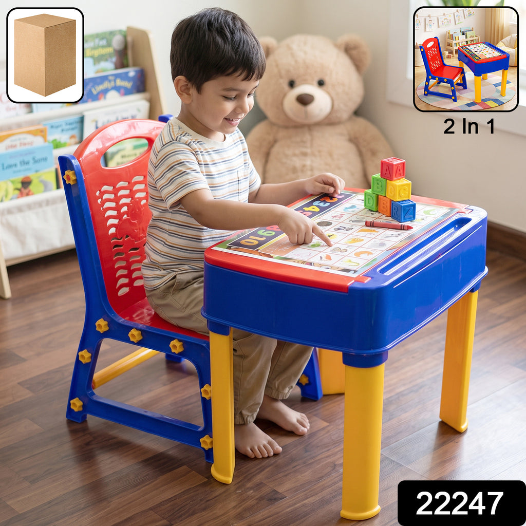2 In 1 Plastic Kids Study Table And Chair Set With Learning Board (2 Pc Set)