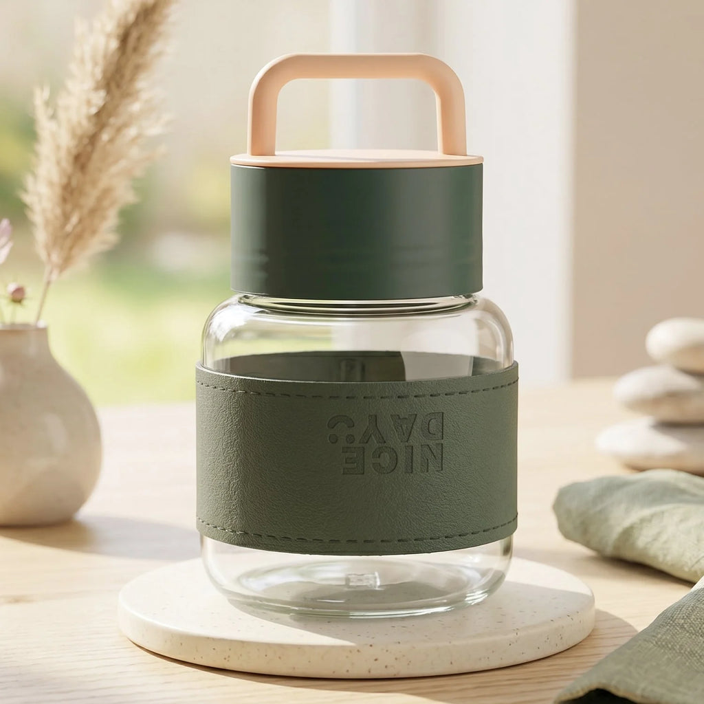 Glass Water Bottle With Handle And Leather Sleeve For Office Travel (1 Pc)