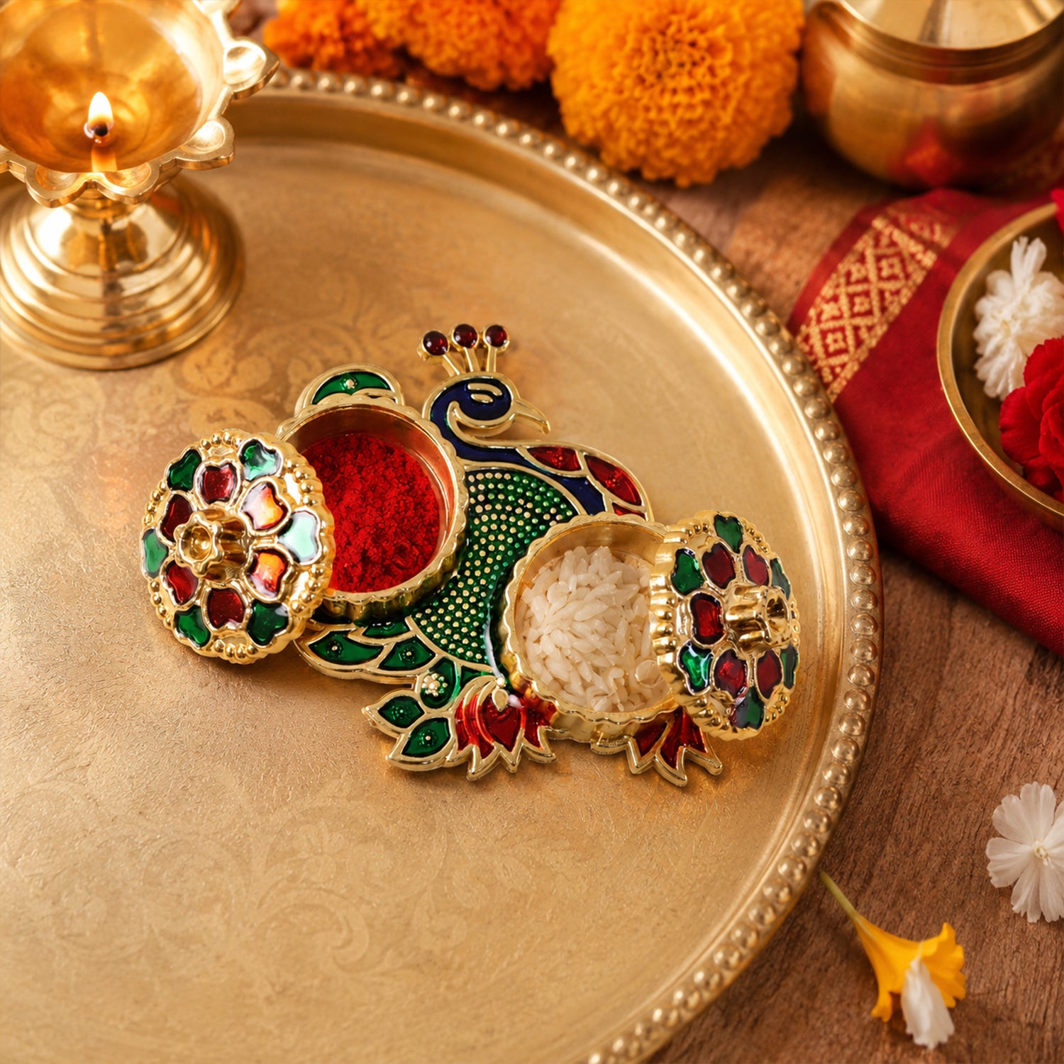 Peacock Design Decorative Kumkum Dani Kankavati Holder For Pooja Haldi Roli (1 Pc)