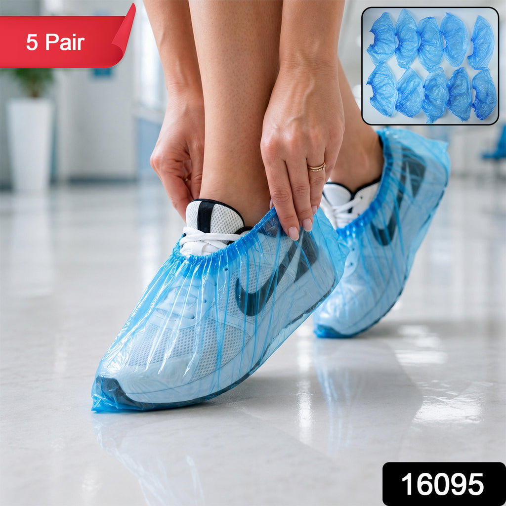Disposable Plastic Shoe Cover Set With Elastic Fit (5 Pair Set)