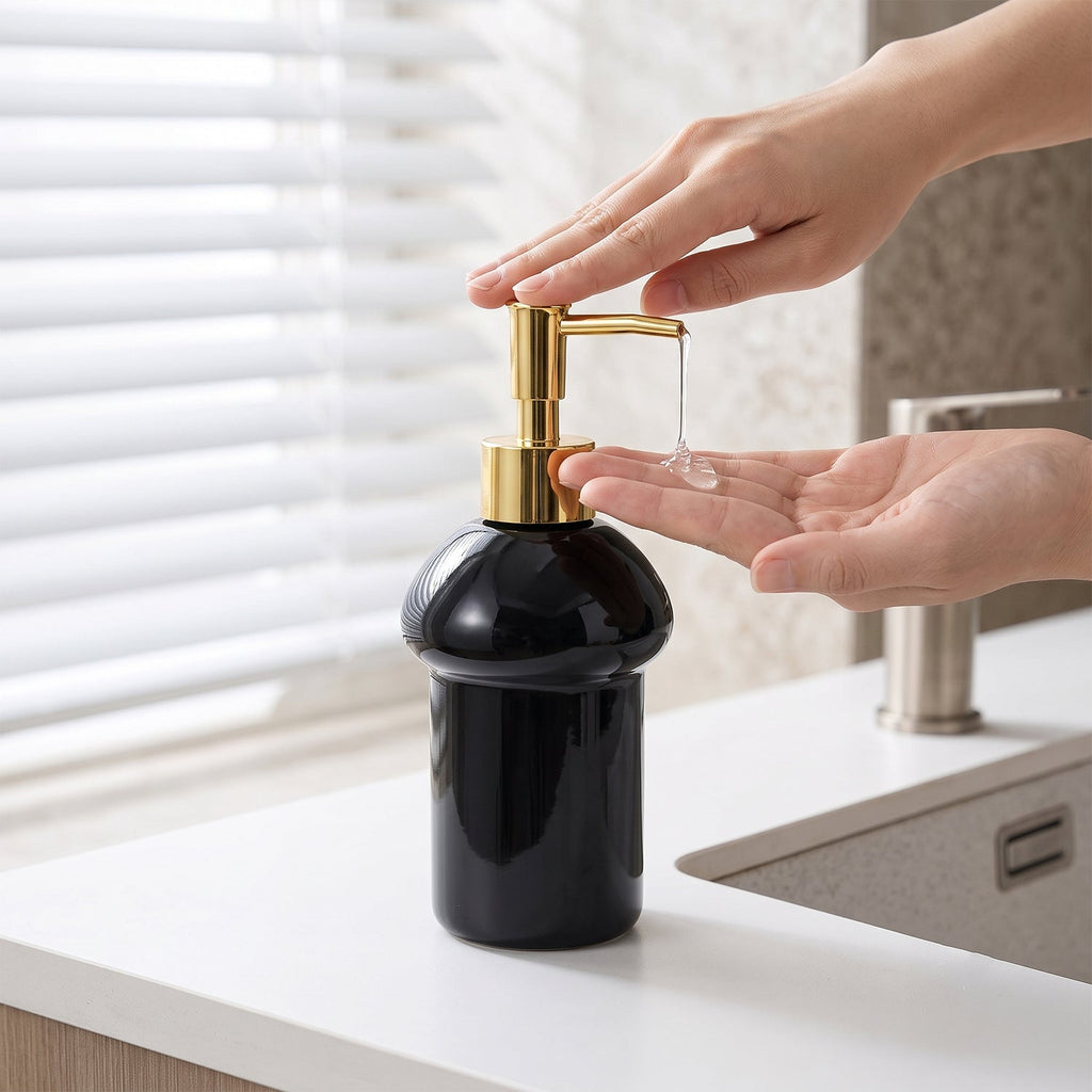 Black Glass Liquid Soap Dispenser Bottle With Gold Pump Refillable (1 Pc)