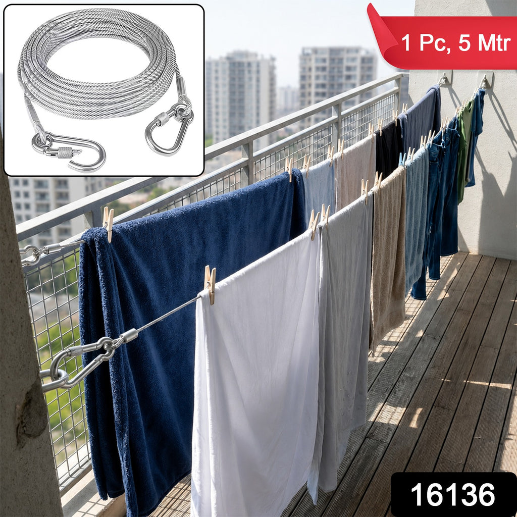 Heavy Duty Steel Wire Rope  5 Meter Clothesline With Carabiner Hooks