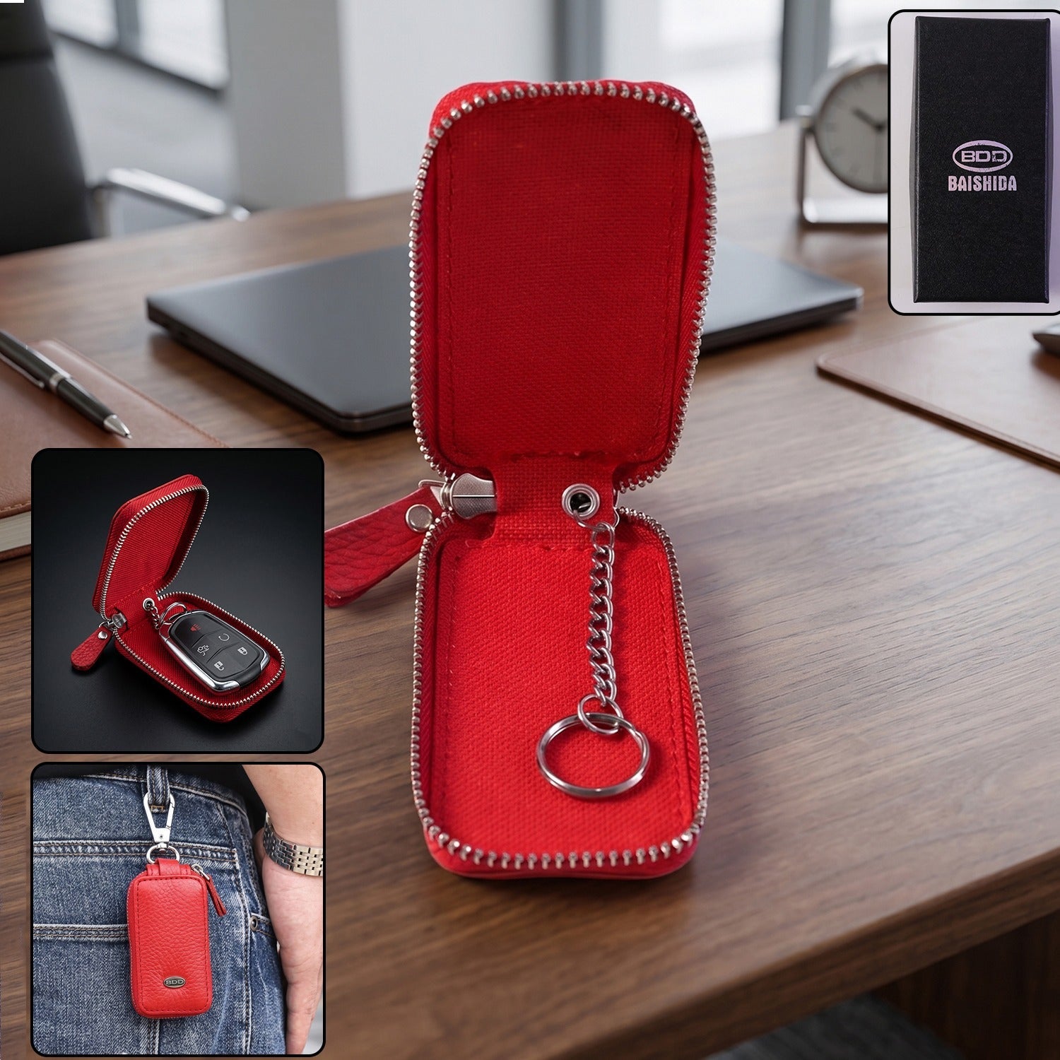 Leather Car Key Case Smart Key Holder Pouch With Zip And Snap Hook (1 Pc)