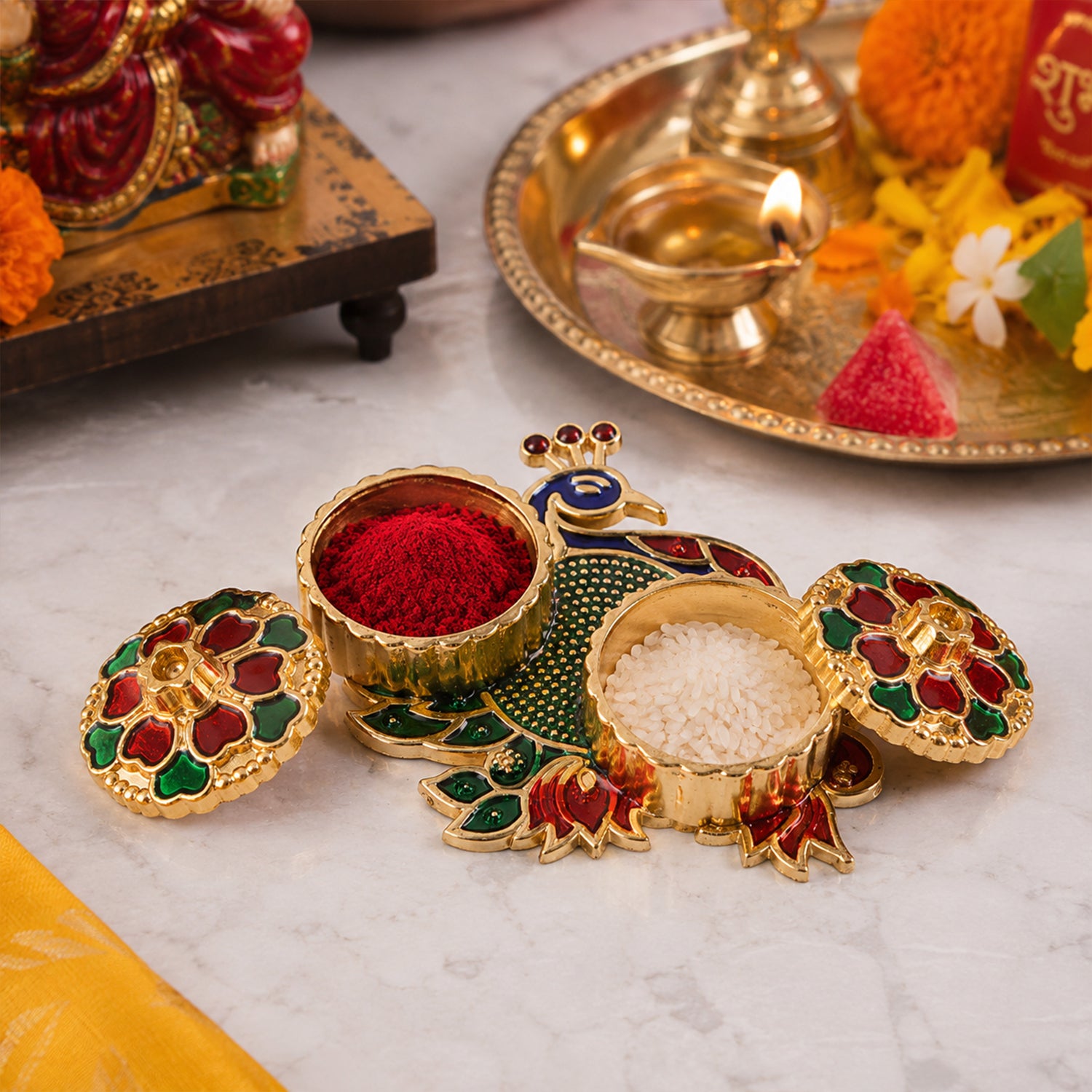 Peacock Design Decorative Kumkum Dani Kankavati Holder For Pooja Haldi Roli (1 Pc)