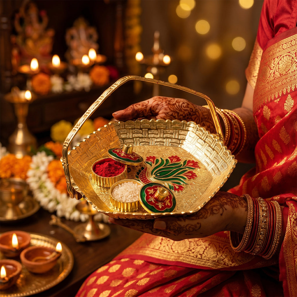 Kumkum Kankavati Basket With Handle Golden Haldi Roli Chawal Pooja Set (1 Pc)
