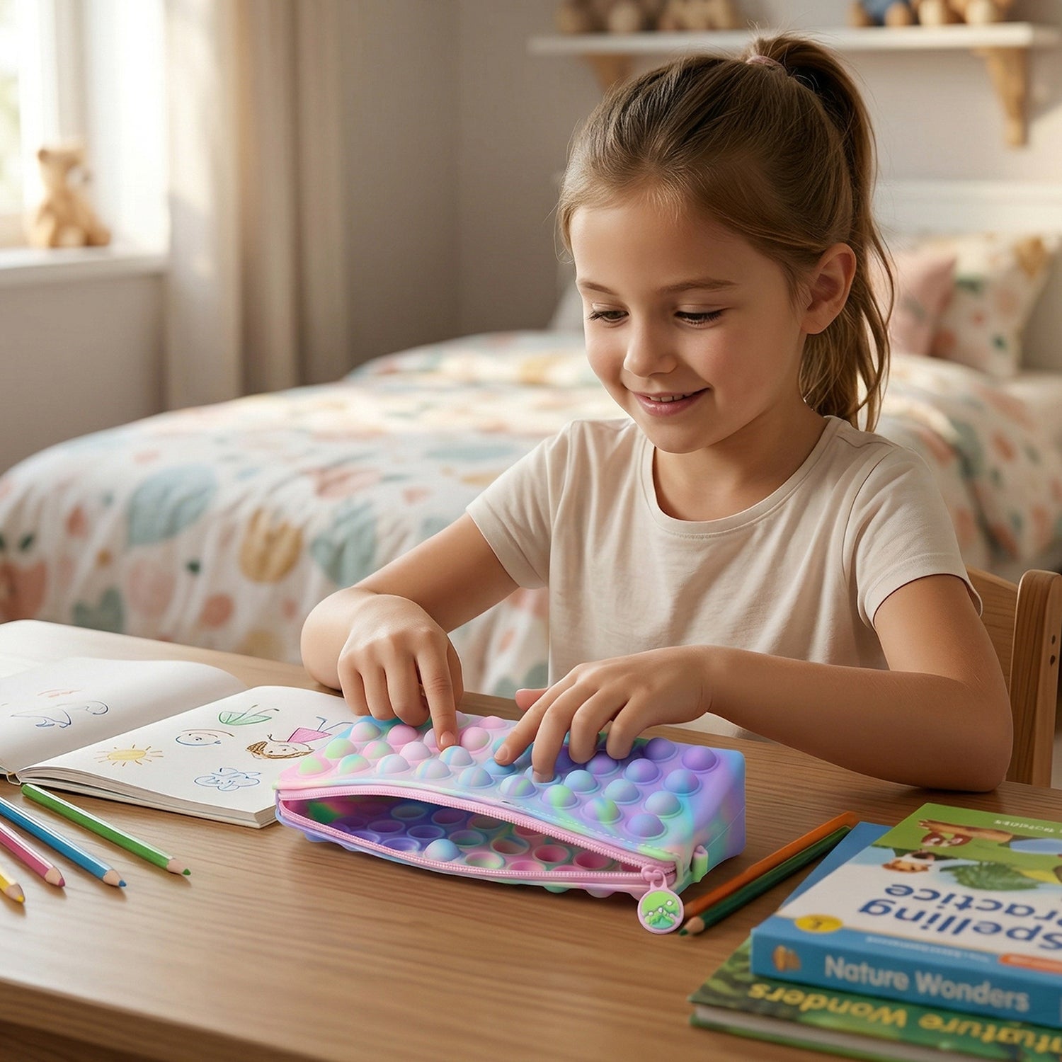 Multicolor Pop It Silicone Pencil Pouch For Kids (1 Pc 21x10 Cm)