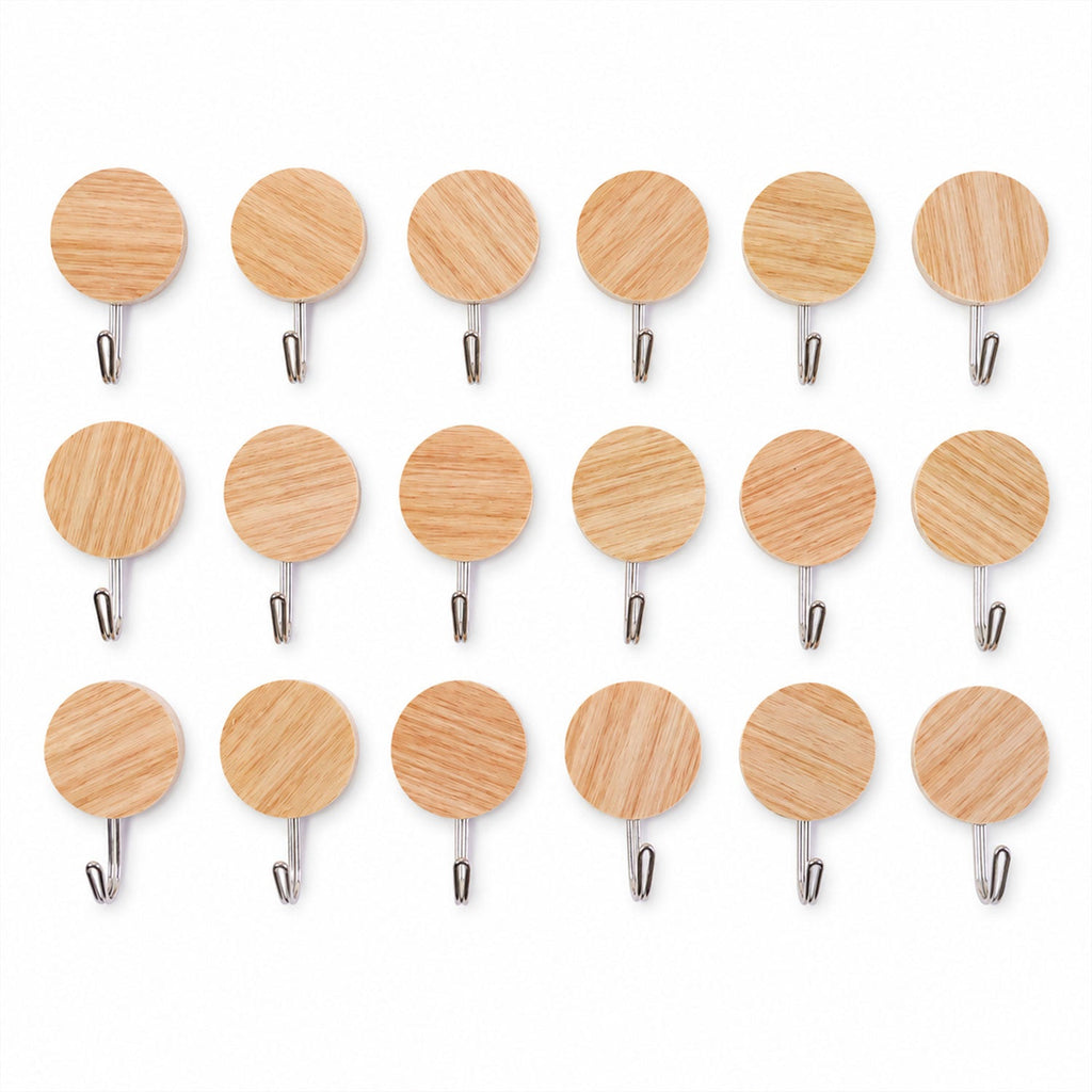 Self Adhesive Wall Hooks Strong Sticky Wooden Look Hanger No Drill (18 Pc)