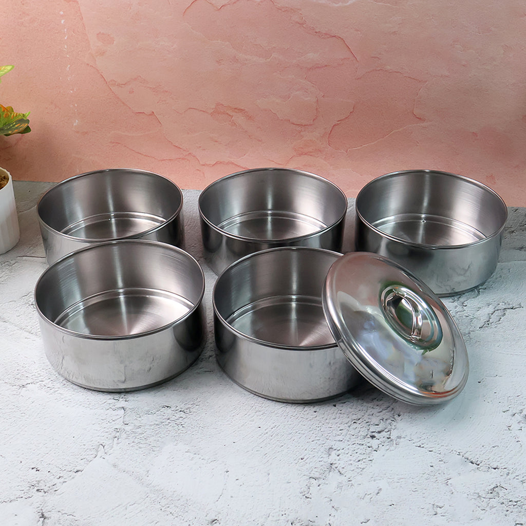 5799 Big Size 5 Compartment Lunch Box Stainless Steel Round Tiffin Traditional Tiffin Box For Kids College Office Men And Women Meal Holder With Locking Clip 5 Containers (16x5 Inch)