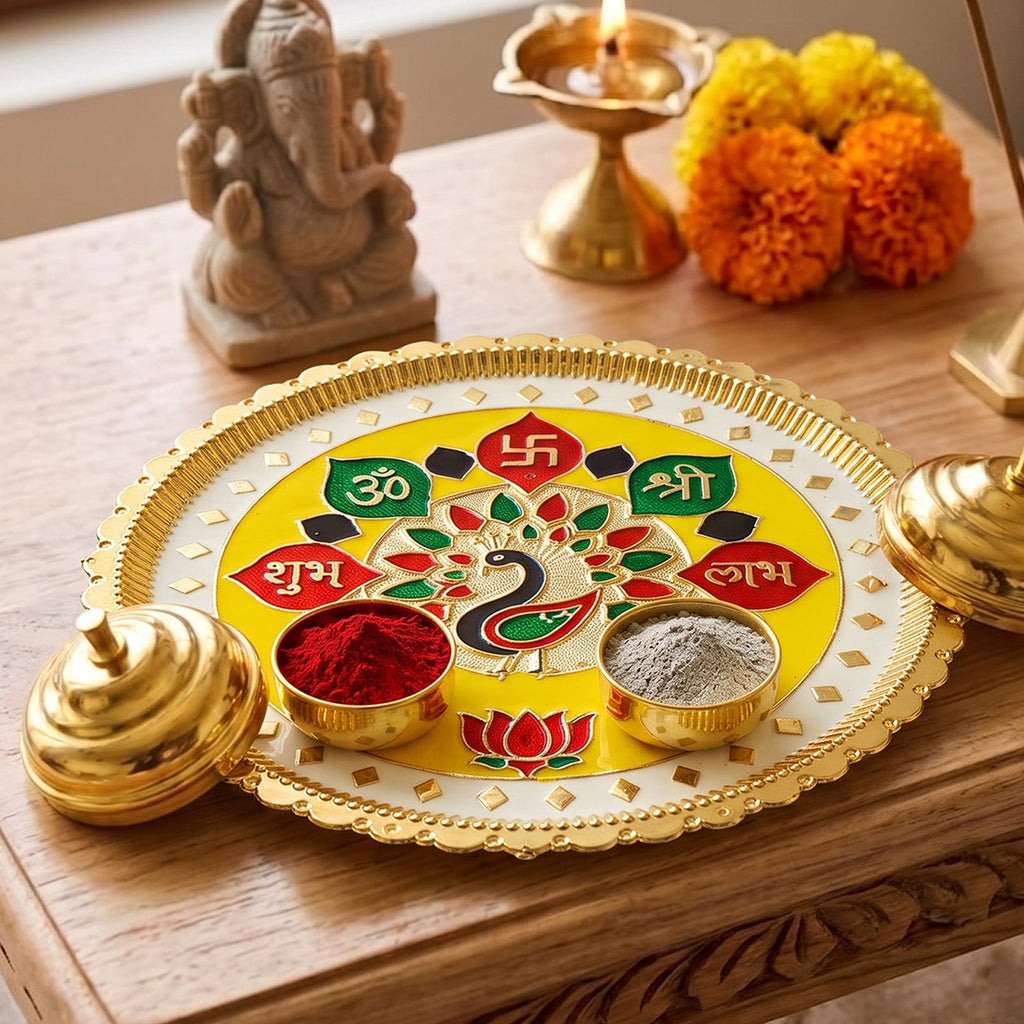 Big Decorative Pooja Thali Golden Meenakari Puja Plate With Kumkum Bowls (1 Pc)